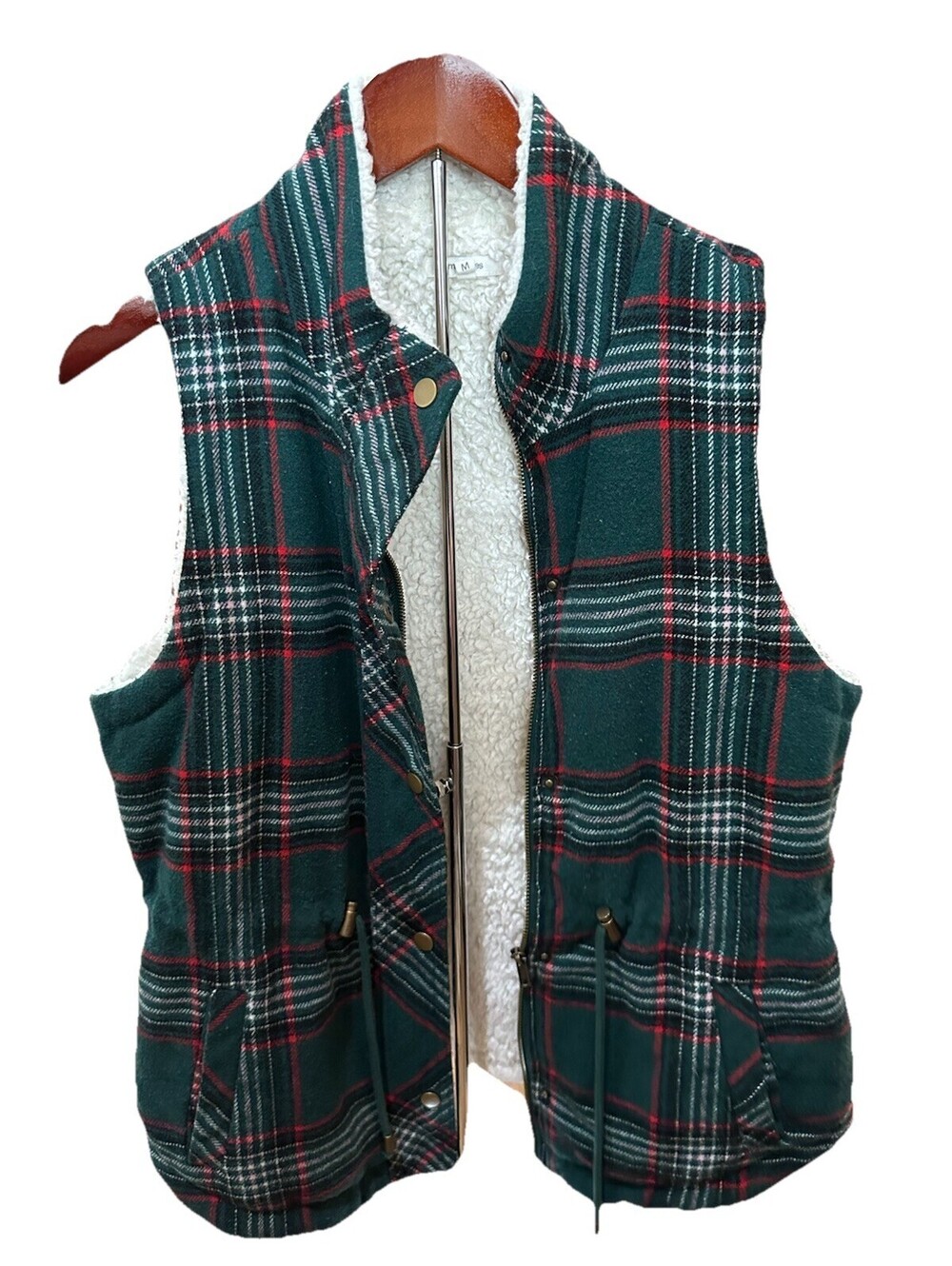 Maurices Plaid Sherpa Lined Utility Vest Womens Medium Green Red Buffalo Check